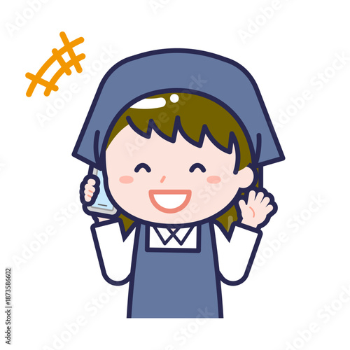 スマートフォンを使う「スタッフ」の女性