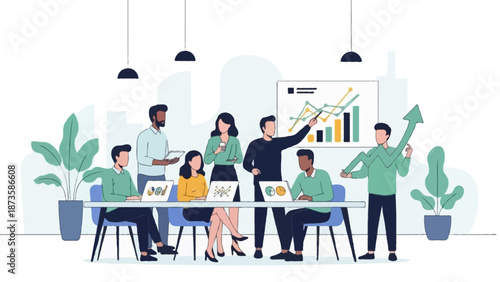 Modern flat illustration of faceless startup team collaboration, abstract charts and business growth symbols