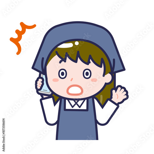 スマートフォンを使う「スタッフ」の女性