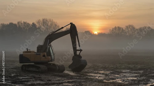 Wallpaper Mural Excavator at Sunrise in Misty Landscape, Heavy Machinery in Nature Torontodigital.ca