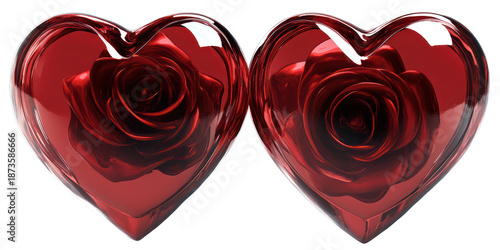 Romantic valentine hearts with red roses, isolated on transparent background