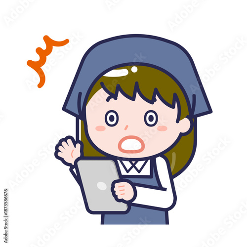 タブレットを使う「スタッフ」の女性