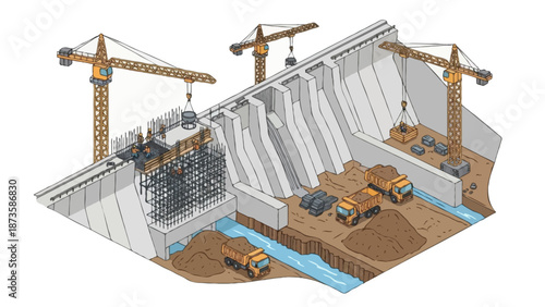 Isometric vector illustration of a hydroelectric dam construction site