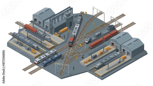 Isometric illustration of an industrial train station with cargo trains, loading platforms, warehouses and rail tracks