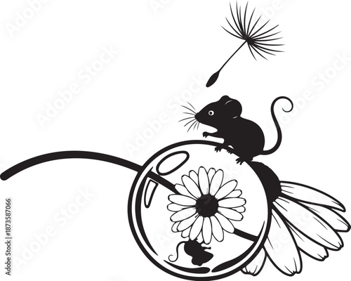 Whimsical mouse on dandelion flower making a wish freely