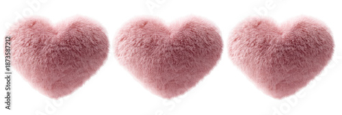 Three soft pink hearts valentine's day decoration, romantic love symbols, fluffy heart shapes on transparent background