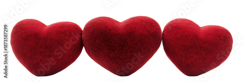 Three red velvet hearts, valentine's day decoration, romantic background, isolated on transparent background