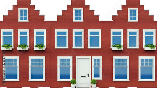 Red Brick Building Facade with White Windows and Greenery