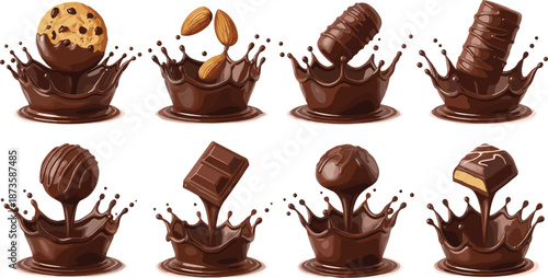 Chocolate splash dessert illustration set, sweet candy pralines nuts cookies falling into liquid chocolate, realistic vector design