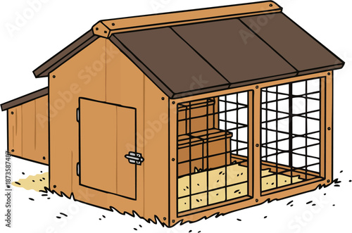 Cartoon Wooden Chicken Coop Illustration with Wire Enclosure, Nesting Box, Straw Bedding and Sloped Shingle Roof