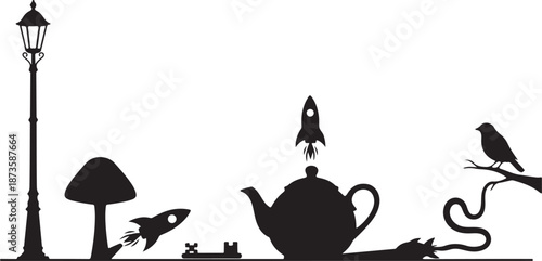 Whimsical Silhouette Scene with Teapot and Rocket Ship Elements