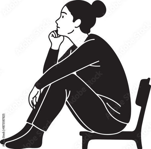 Woman sitting on chair in thoughtful pose isolated white