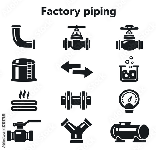 Industrial icon elements set featuring pipes, valves, tanks, and gauges for manufacturing and engineering