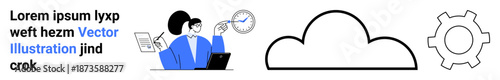 Woman reviewing data charts with a clock, a cloud icon, and a gear wheel, representing connectivity, time management, and workflow. Ideal for business, workflow, tech cloud data time simple