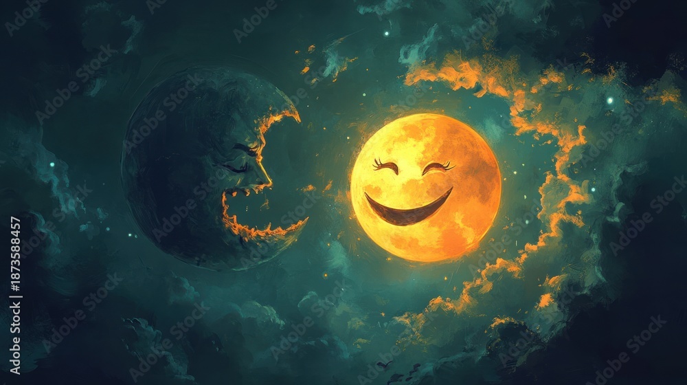 Fototapeta premium Smiling moon, crescent moon, night sky, cosmic, fantasy