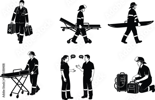 Emergency medical responder silhouette set, paramedic firefighter rescue actions, first aid teamwork scenes, black white vector illustration