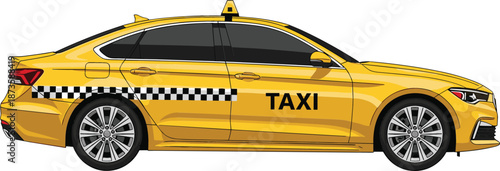 Modern yellow taxi cab sedan with checkered stripe and sign for urban transportation and city commute service concepts