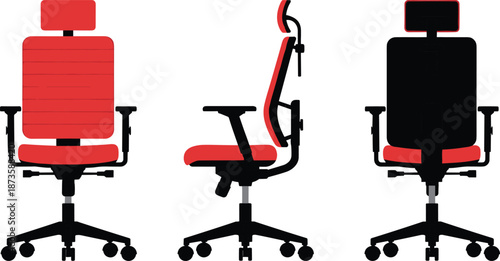 Ergonomic office chair views, red cushion, adjustable support, headrest, armrests, five-wheel base, vector furniture illustration, design angles