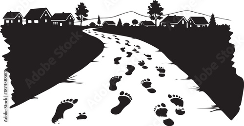 Footprints leading to a rural village landscape silhouette scene