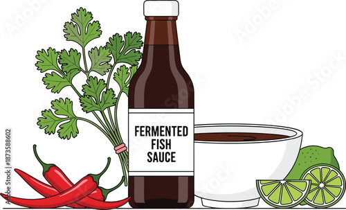 Fermented fish sauce, chili peppers, cilantro, lime, Southeast Asian ingredients, dipping sauce, bold flavors, savory base, food illustration, kitchen prep
