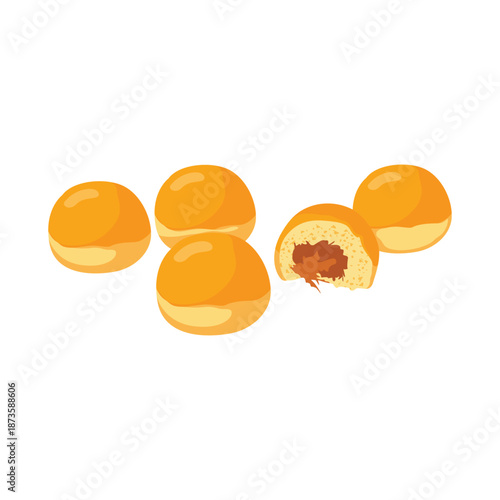 Illustration of five pineapple tarts on a white background, one cut in half to reveal its filling, showcasing a traditional dessert.