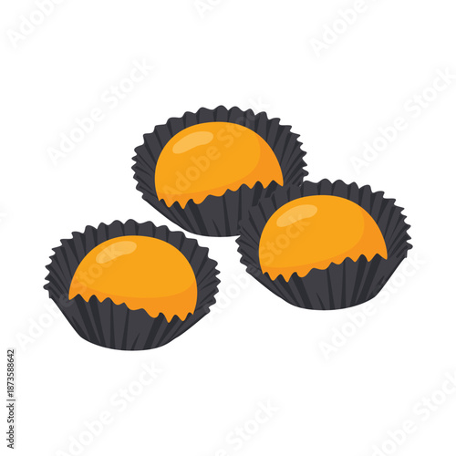 Illustration of three pineapple tarts in black cupcake liners on a white background with a simple and appetizing presentation.