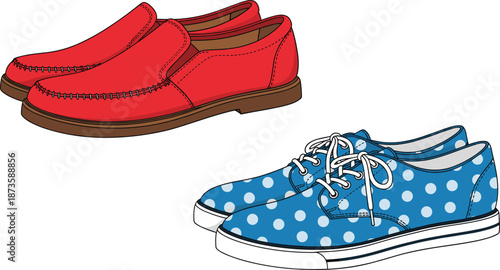Footwear vector set, red loafers, blue polka dot sneakers, casual and formal shoes, fashion accessories, shoe design illustration