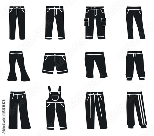 Silhouette line art clothing set featuring various styles of trousers, shorts, and overalls for fashion illustration