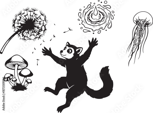 Whimsical illustration of a raccoon and nature elements combined