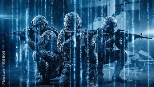 Wallpaper Mural Dynamic military squad in tactical gear preparing for action in a futuristic digital battlefield Torontodigital.ca