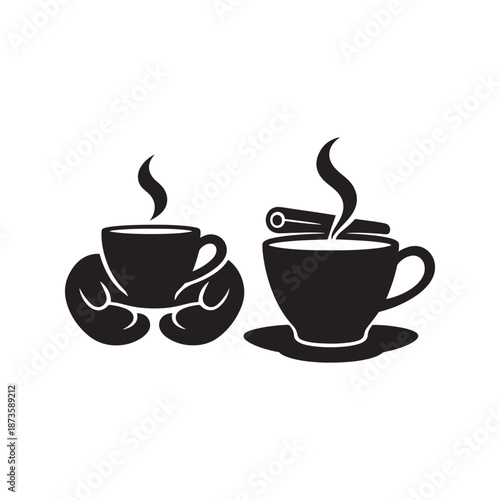 A hot espresso coffee cup and steaming tea mug icon set featuring brown caffeine beverages like latte and mocha in a cafe vector illustration for breakfast