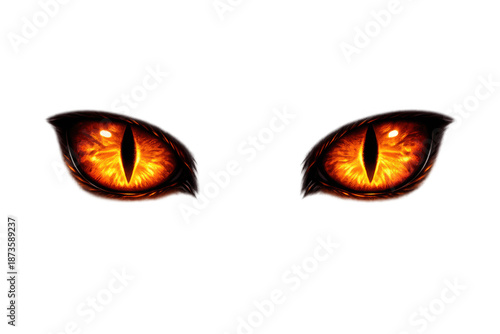 Dragon eyes glowing with a powerful orange light, creating an intense, scary, and evil stare. Fantasy and creature concept