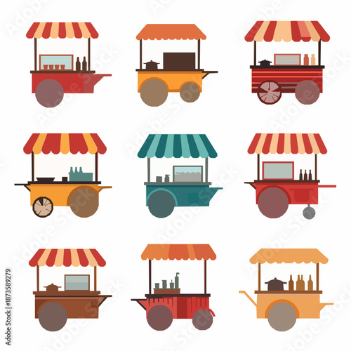 Traditional street food carts vector illustration set featuring flat global market food stalls isolated on white