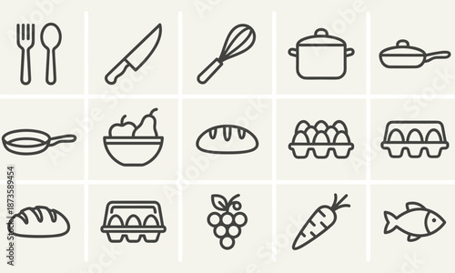 Various kitchen utensils and food icons in a grid layout with a simple line art style on a beige background.