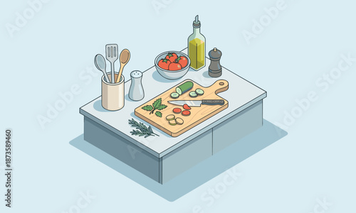 Isometric illustration of a kitchen counter with a cutting board, utensils, and ingredients on a light blue background.