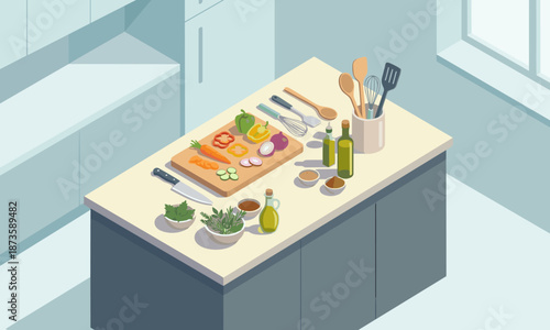 Isometric illustration of a kitchen island with food preparation items on a cutting board and countertop.