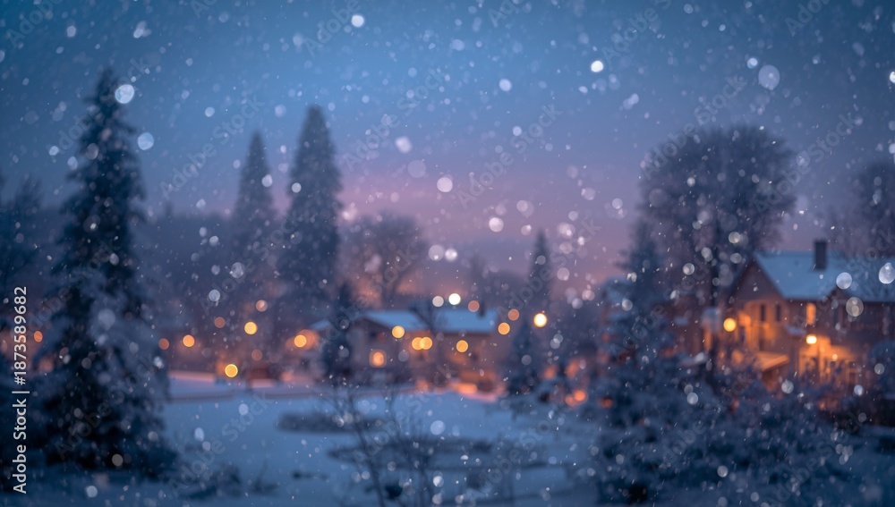Fototapeta premium Snowy Winter Village Scene with Falling Snow and Warm Lights in Twilight