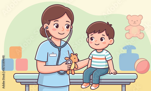 A female doctor examining a young boy with a stethoscope in a colorful pediatric clinic setting.