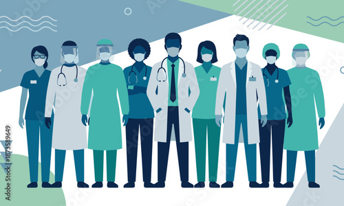 Diverse group of medical professionals standing together in various shades of blue and green with face masks on a white background.