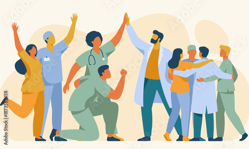 A diverse group of medical professionals celebrating together in a colorful, flat illustration with a joyful mood against a soft background.