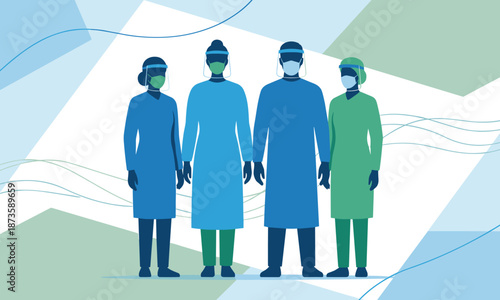 Four medical professionals wearing protective gear standing together on a white background with blue and green geometric shapes.