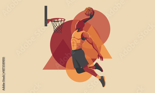 Basketball player dunking a ball into a hoop with geometric shapes in a warm color palette.