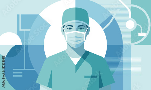 Illustration of a surgeon wearing a mask and scrubs against a blue and white geometric background with medical icons.