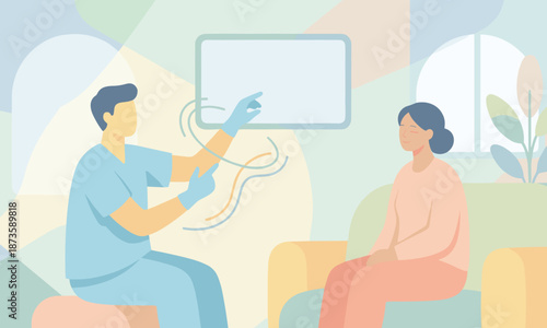 A healthcare professional and patient engaged in a consultation with a digital display in a colorful, abstract medical setting.