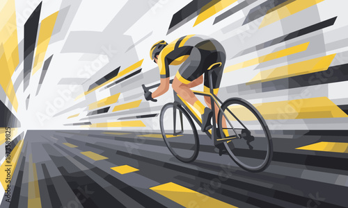 Cyclist riding a bicycle fast on a road with motion blur effect in yellow, black, and gray colors.