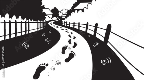 A winding path with footprints and a fence illustration