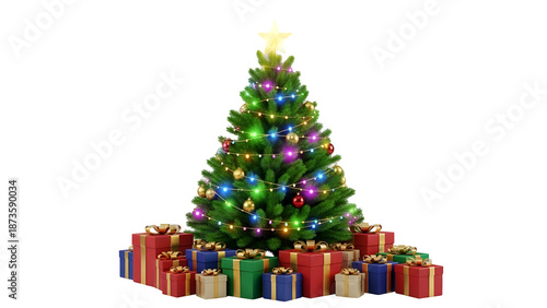 Colorful Christmas tree with presents isolated on transparent background