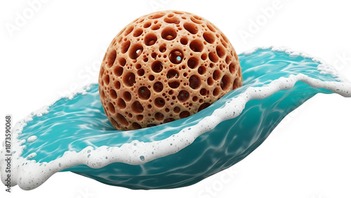 Sea sponge on ocean wave with foam isolated on transparent background