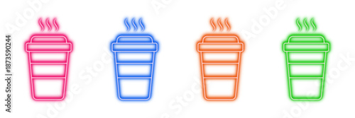 Neon glowing coffee cup vector icons set, hot drink, cafe, steaming, caffeine, energy, vibrant, colorful digital design illustration on transparent background.