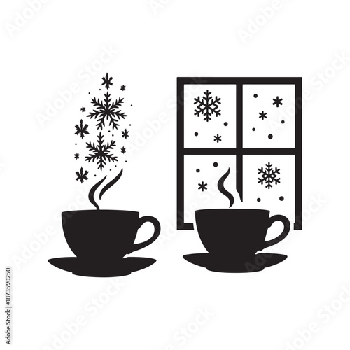 A white ceramic mug and a cup of tea with flowers sit on a wooden cafe table, featuring a hot brown beverage and breakfast saucer isolated for a clean food and drink object shot